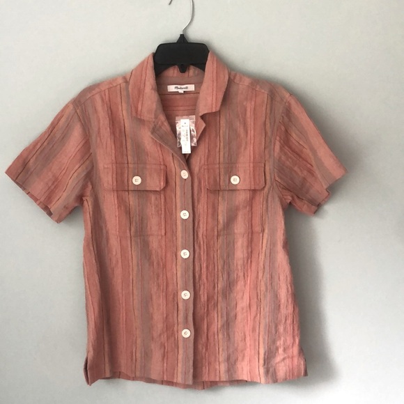 NWT Madewell Stripe Stretch Cotton & Linen Camp Shirt Ground Clay - Picture 3 of 5